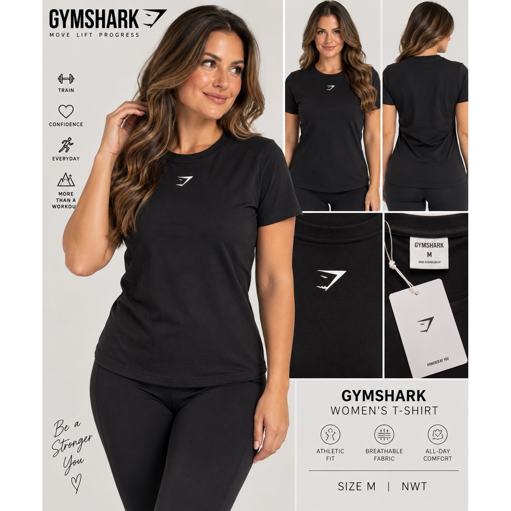 Gymshark Women's Black T Shirt Size M NWT Athletic Workout Gym Logo
